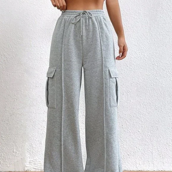 Light Grey Casual Womens Flap Pocket Side Drawstring Waist Sweatpants - Picture 2 of 6